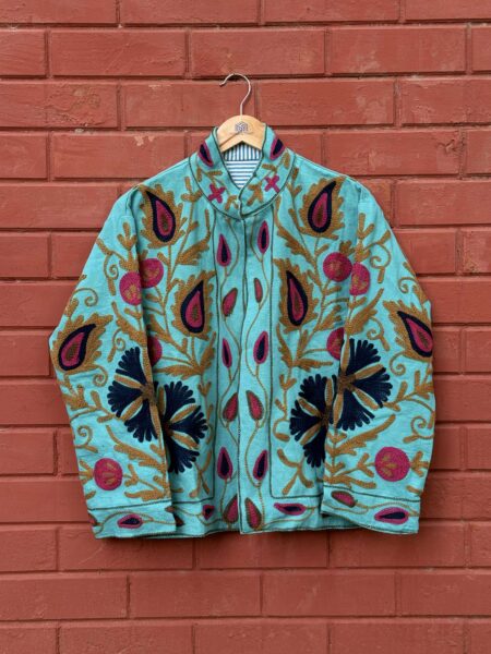 Womens Teal Blue Velvet Embroidered Jacket with Floral Design